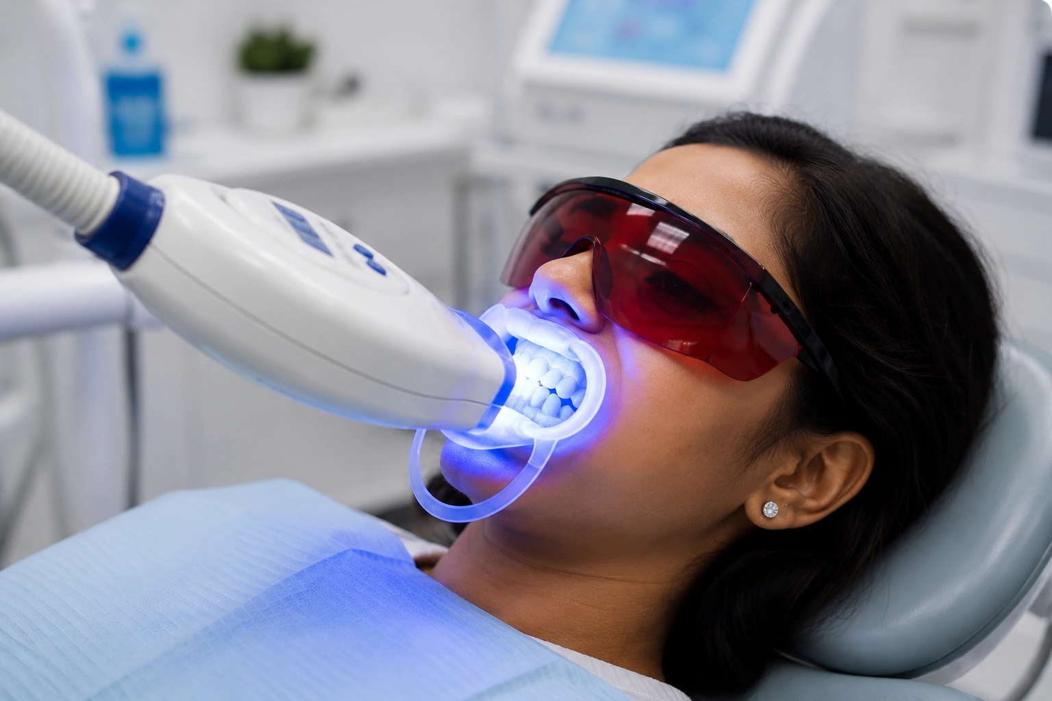 Dentist checking tooth shade during teeth whitening consultation
